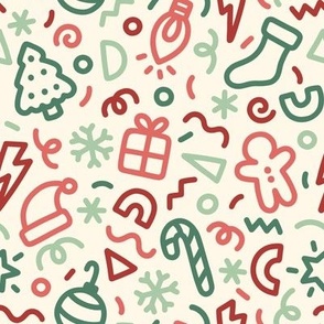 Chunky Christmas Doodles in Red & Green on Cream  (Large Scale)