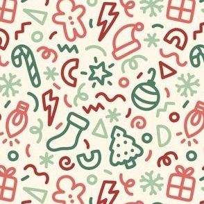 Chunky Christmas Doodles in Red & Green on Cream  (Small Scale)