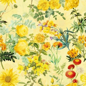 vintage sunflowers, antique dog roses,english rose, green leaves and nostalgic beautiful yellow and orange lilies blossoms -sunny yellow  double layer Fabric