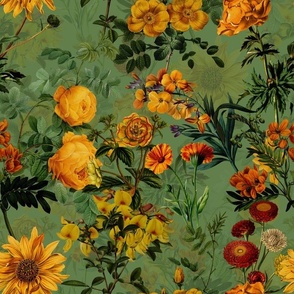vintage sunflowers, antique dog roses,english rose, green leaves and nostalgic beautiful yellow and orange lilies blossoms -dark green  double layer Fabric