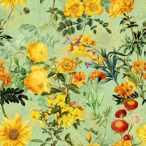 vintage sunflowers, antique dog roses,english rose, green leaves and nostalgic beautiful yellow and orange lilies blossoms -green  double layer Fabric