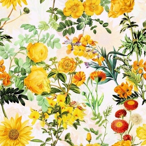 vintage sunflowers, antique green leaves and nostalgic beautiful yellow and orange lilies blossoms -off white  double layer Fabric