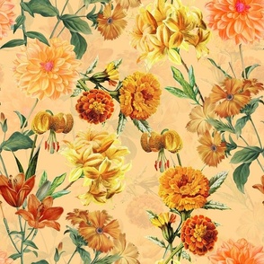 vintage sunflowers, antique green leaves and nostalgic beautiful yellow and orange lilies blossoms -orange  double layer Fabric