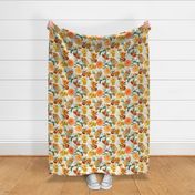 vintage sunflowers, antique green leaves and nostalgic beautiful yellow and orange lilies blossoms -off white double layer Fabric