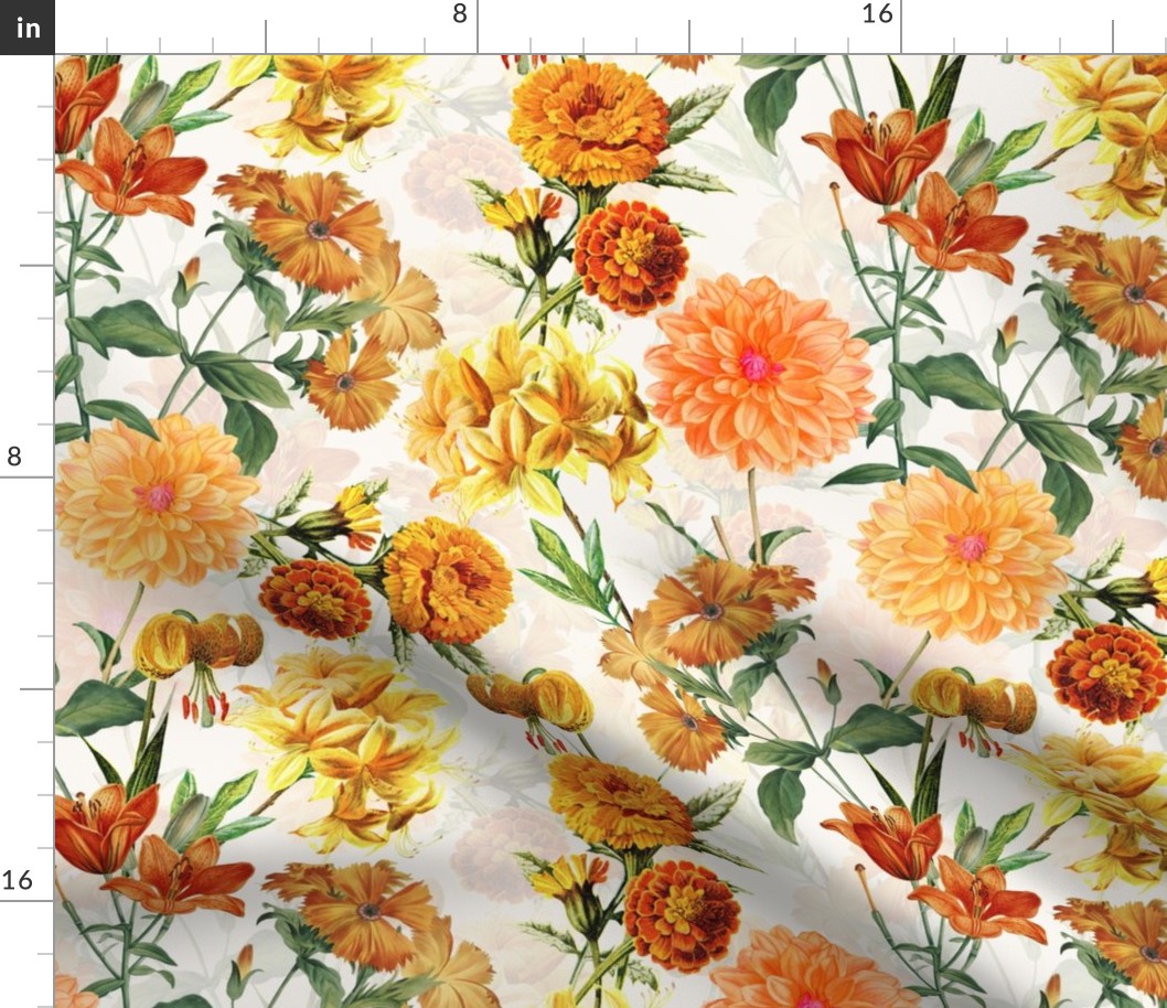vintage sunflowers, antique green leaves and nostalgic beautiful yellow and orange lilies blossoms -off white double layer Fabric