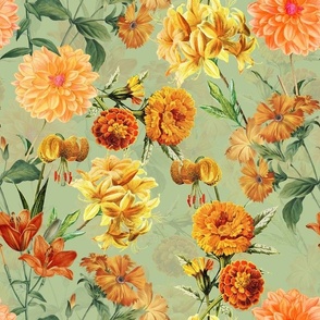 vintage sunflowers, antique green leaves and nostalgic beautiful yellow and orange lilies blossoms - sepia green  double layer Fabric
