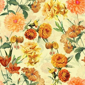 vintage sunflowers, antique green leaves and nostalgic beautiful yellow and orange lilies blossoms -yellow  double layer Fabric