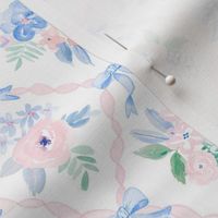 Watercolor flowers pink ribbon with blue bows