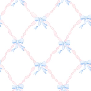 Blue bows pink ribbons grandmillennial wallpaper