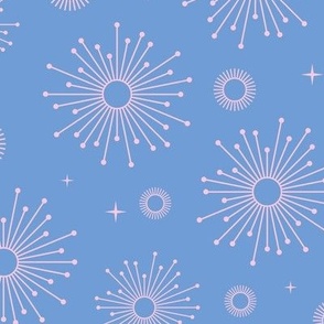 Mid-century modern sunshine sparkle abstract sunny boho sunshine and fireworks stars pink blush on periwinkle blue spring