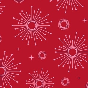 Mid-century modern sunshine sparkle abstract sunny boho sunshine and fireworks stars pink on ruby red
