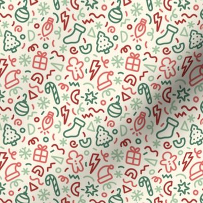 Chunky Christmas Doodles in Red & Green on Cream  (Extra Small Scale)