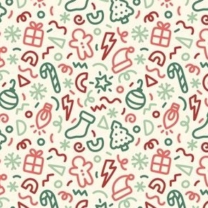 Chunky Christmas Doodles in Red & Green on Cream  (Extra Small Scale)