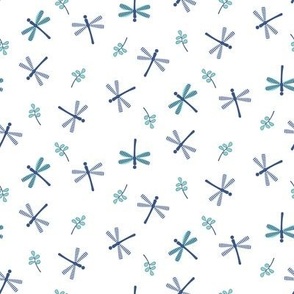 Tossed Small in Blue and Aqua Dragonflies on White Ground Gender Neutral Non Directional