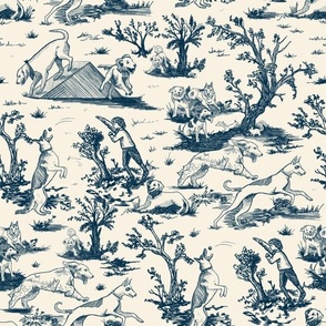 Small Dog Park Toile de Jouy, Navy on Ivory