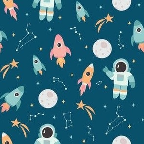 Small Cute Astronaut going to the moon with pastel rockets constellations and stars gender neutral on blue