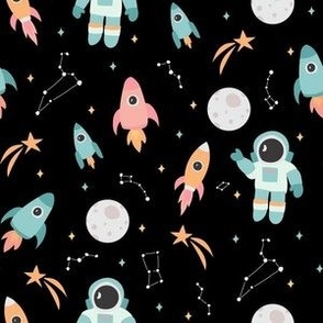 Small Cute Astronaut going to the moon with pastel rockets constellations and stars gender neutral on black