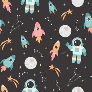 Small Cute Astronaut going to the moon with pastel rockets constellations and stars gender neutral on gray