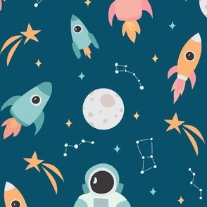 Cute Astronaut going to the moon with pastel rockets constellations and stars gender neutral on blue