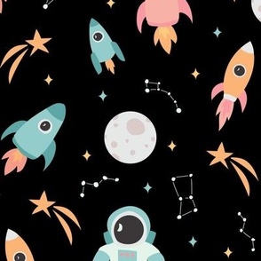 Cute Astronaut going to the moon with pastel rockets constellations and stars gender neutral on black