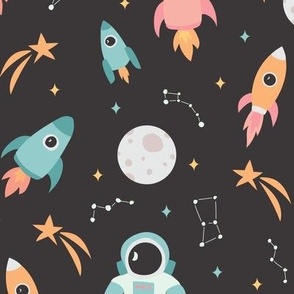 Cute Astronaut going to the moon with pastel rockets constellations and stars gender neutral on gray