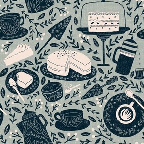 Coffee and cake - novelty print - french grey/midnight blue 