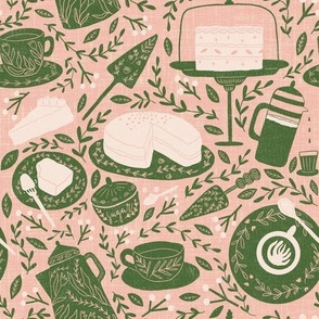 Coffee and cake - novelty print - pink and green 