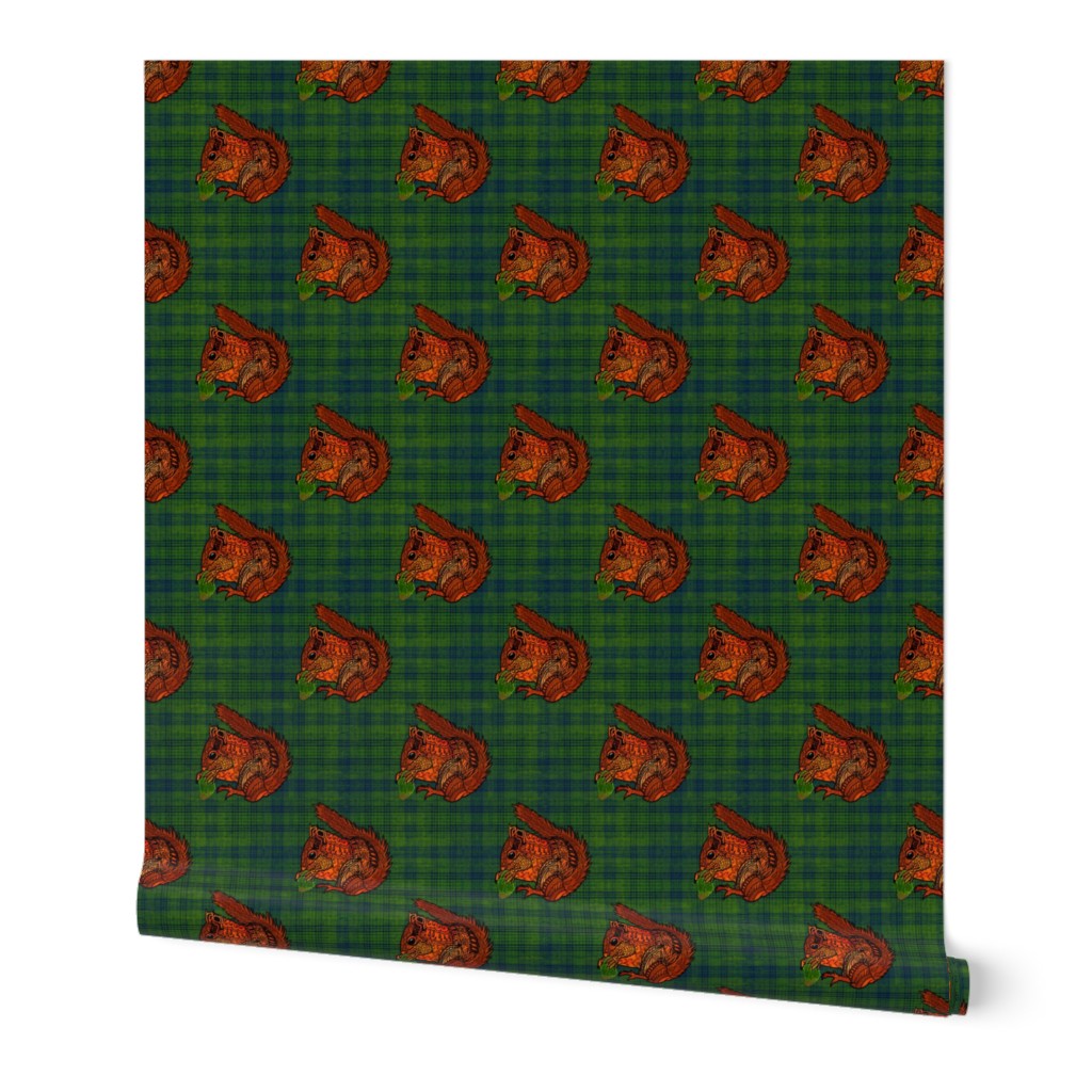 Doodled Douglas Pine Squirrel on plaid Emerald green hues