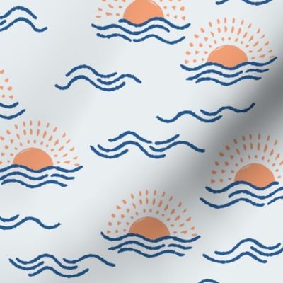 boho sun and waves - orange coral sunshine - baby blue background