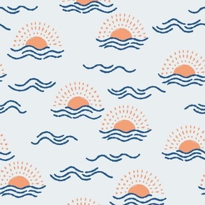 boho sun and waves - orange coral sunshine - baby blue background