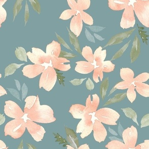 peach watercolor blossoms on dusty vintage blue / large