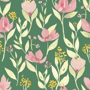 Pink watercolor wildflowers on bright green / medium/ summer floral for home decor and wallpaper