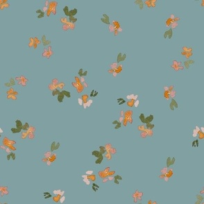 watercolor ditsy floral in peach, pink and green on teal blue/ 5 inch / a pretty spring floral for baby girls