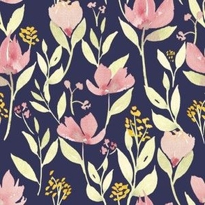 Pink watercolor wildflowers on navy midnight blue / medium/ summer floral for home decor and wallpaper