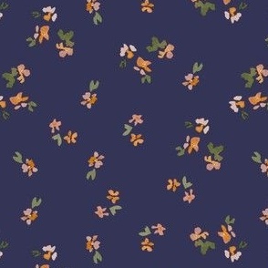watercolor ditsy floral in peach, pink and green on navy blue/ 5 inch / a pretty spring floral for baby girls
