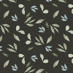 watercolor leaves in blue and green on charcoal grey/ small/ gender neutral leafy botanical