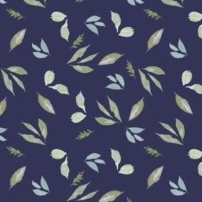 watercolor leaves in blue and green on navy blue/  small / gender neutral leafy botanical