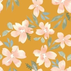peach watercolor blossoms on mustard yellow / medium