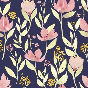 Pink watercolor wildflowers on navy midnight blue / large / summer floral for home decor and wallpaper