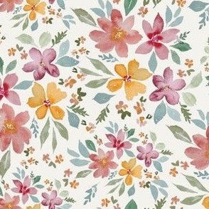 Bloomcore watercolor floral / medium / watercolor summer floral bedroom wallpaper in pink, purple and yellow on cream