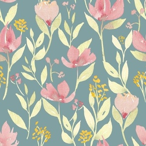 Pink watercolor wildflowers on dusty blue / large / spring floral for home decor and wallpaper