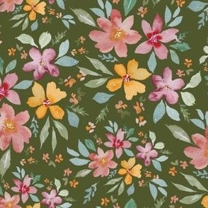 Bloomcore dark green watercolor floral / medium / watercolor summer floral bedroom wallpaper pink, purple and yellow on olive green