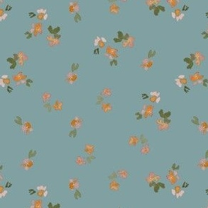 watercolor ditsy floral in peach, pink and green on teal blue/ 7 inch / a pretty spring floral for baby girls