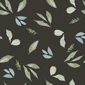 watercolor leaves in blue and green on charcoal gray / 10 inch / gender neutral leafy botanical