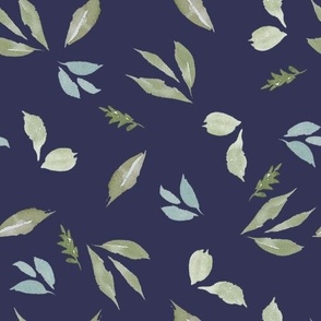 watercolor leaves in blue and green on navy blue/ 10 inch / gender neutral leafy botanical eucalyptus 