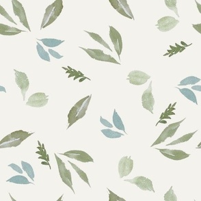 watercolor leaves in blue and green on cream / 10 inch / gender neutral leafy botanical