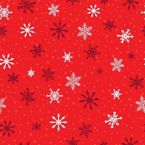 Large - White and Burgundy Winter Snowflakes on Crimson Red in snow