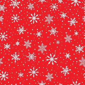 Large - White Winter Snowflakes on Crimson Red in snow