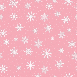 Large - White Winter Snowflakes in snow on Pastel Pink background 