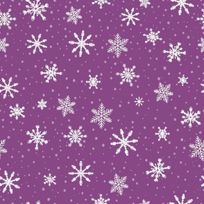 Large - White Winter Snowflakes on Plum Purple in snow